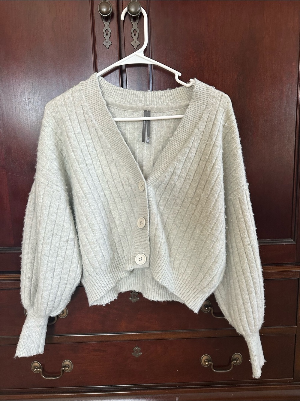 Anthropologie Grey-Blue Ribbed V-Neck Button Cardigan